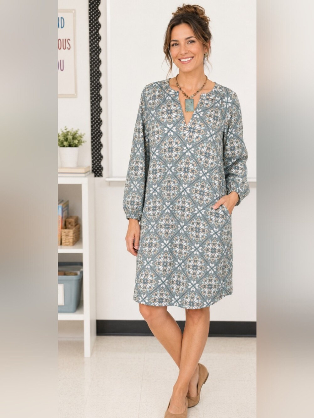 LOFT Outlet Mosaic Print Shift Dress Teacher Boho Pockets Girlhood Grandmacore